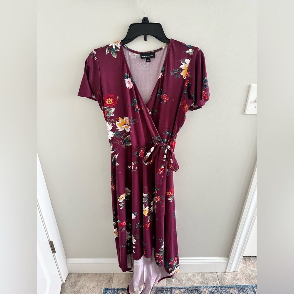 Burgundy floral wrap midi dress